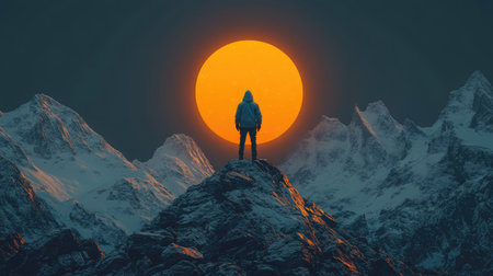 A person stands silhouetted against a large, orange sun, atop a snow-covered mountain range. The composition showcases a digital illustration style with a dark, moody aesthetic. The scene suggests a sense of accomplishment and contemplation in a vast, natural environment, suitable for various editorial and commercial applications.の素材