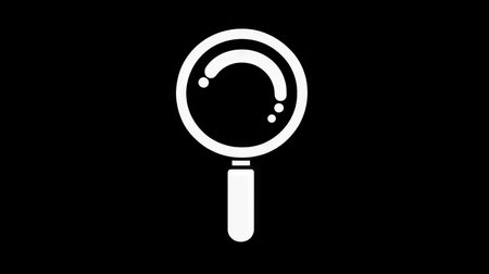 A white magnifying glass icon is set against a black backdrop, creating a high-contrast visual. The graphic emphasizes simplicity with clean lines and circular shapes. Suitable for various applications, this design can be used to represent investigation, search, or discovery concepts in digital or print media.の素材
