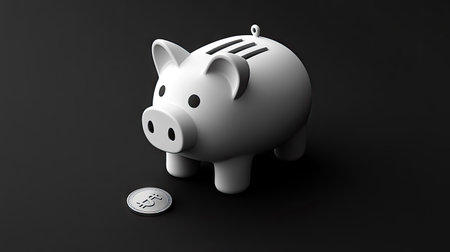 A white piggy bank sits beside a coin on a dark backdrop. The composition features soft, diffused lighting, emphasizing the form and texture. It suggests a minimalist style, possibly a 3D render. This image could be used for illustrations related to finance, savings, or investment concepts in various commercial contexts.の素材