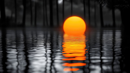 An orange sun sets over water, reflecting its light and creating ripples. Silhouetted trees frame the scene. The image uses a monochromatic color palette with bright orange and dark shades. It may be used for various purposes such as nature, environmental awareness or artistic concepts.の素材