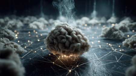 A digital image depicts a central cloud formation surrounded by other similar shapes and connected by illuminated lines. The color palette primarily features blues, grays, and whites, suggesting a digital or conceptual environment. This composition is suitable for illustrating ideas related to technology, networks, or digital information and could serve commercial purposes.の素材