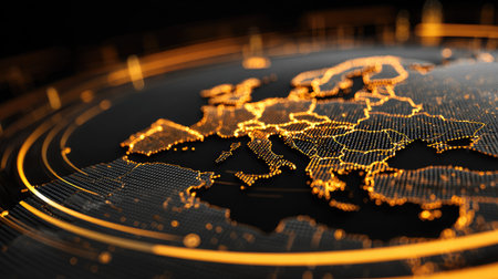 An artistic illustration presents a detailed global map illuminated with a golden glow. The image features dynamic digital lines and a dark background. This composition showcases a stylized, modern aesthetic with a focus on technology. Suitable for use in projects related to data, communication, and global themes.の素材