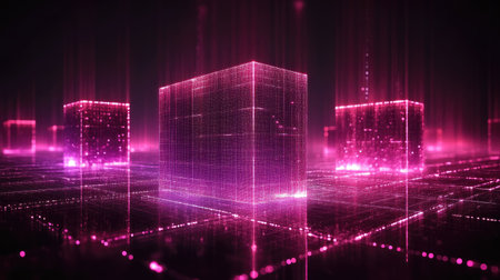 A vibrant digital image presents glowing cubes connected by intricate lines. The scene is dominated by a magenta color scheme with highlights of pink and purple against a dark background. This futuristic composition suggests a technological environment, potentially suitable for design, advertising, or editorial purposes.の素材
