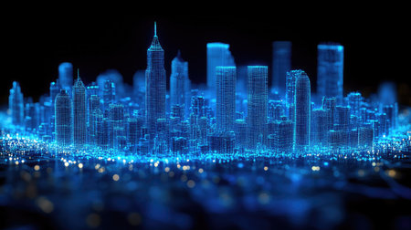 An abstract cityscape is rendered with bright blue glowing lines and dots. The stylized buildings are set against a dark background, and they feature a modern architectural style. The scene uses vibrant light to create an impression of technology and energy. Suitable for designs requiring technological, commercial, or creative purposes.の素材