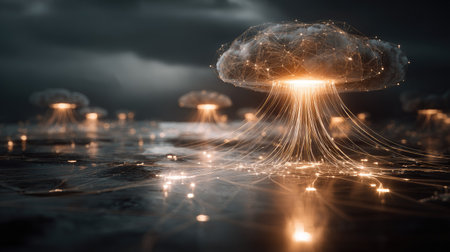 An artistic digital illustration showcases a network of interconnected elements resembling mushroom clouds. It features luminous lines and glowing spheres against a dark, reflective surface. The composition uses a moody color palette with warm highlights, suggesting a technologically driven environment. Suitable for conceptual illustrations and creative content.の素材