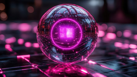 A translucent orb, centrally positioned, exhibits an internal glowing core within a futuristic setting. The image showcases predominantly pink and purple hues, with a blurred background. The composition features a textured surface and abstract network lines suggesting a technological or digital environment. This image could be used in various commercial or editorial contexts.の素材