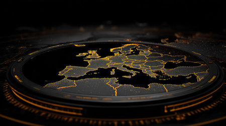 An illuminated map of Europe is displayed on a dark background. Golden lines highlight the geographical outlines and internal borders. The composition features a circular element, suggestive of a digital representation. This image could be used in various commercial or editorial contexts, such as presentations or infographics.の素材