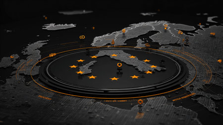 A dark, digitally rendered image features a stylized representation of Europe with illuminated markers and stars. A central circular element with stars suggests unity and international cooperation. The composition uses a dark color palette, creating a modern and conceptual visual. Suitable for illustrating ideas related to global economics or political themes.の素材