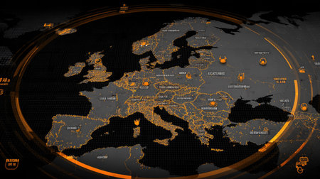 An illustrated map of Europe is highlighted in an abstract style, featuring glowing lines and data visualizations. The composition uses a dark background with orange and yellow accents. This design could be useful for presentations, infographics, or visual representations of data analysis. It avoids specific details and focuses on a general concept.の素材