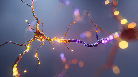 An abstract illustration depicts a neuron with glowing synapses. The image showcases intricate branching structures with illuminated nodes in vibrant colors. The composition is set against a blurred backdrop, enhancing depth. This image can be used in various commercial projects, including educational and scientific materials.の素材