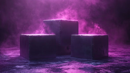 Three stone-textured cubes are arranged in a dynamic composition, set against a background of swirling purple mist. The scene is illuminated with a bright light source creating highlights and shadows on the objects. This conceptual artwork is suitable for use in promotional materials or creative projects.の素材