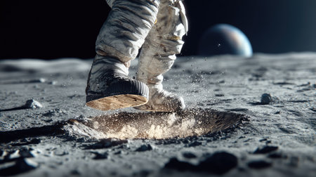 An astronaut's boot presses into the dusty surface of a celestial body, possibly a moon. The image showcases detailed textures and a dramatic, low-angle perspective. The scene includes visible particles suspended in the air. This composition could be employed in various projects related to space travel and technological advancements.の素材