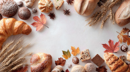 A top-down composition features various baked goods alongside colorful autumn leaves. The image presents an array of breads and pastries, showcasing different textures and shapes. The lighting appears soft, creating a warm and inviting feel suitable for culinary displays or seasonal promotional material.の素材