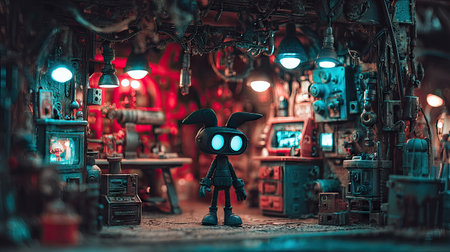 An animated character stands in a workshop illuminated by various glowing lights and a computer screen. The scene features a multitude of cluttered devices and tools, with a dark and textured environment. This composition, with its visual complexity, could be appropriate for editorial and commercial uses.の素材