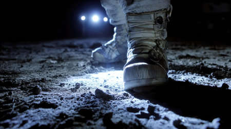 An astronaut's boots are visible, firmly planted on a textured, rocky surface. A bright, focused light source illuminates the scene, casting shadows across the foreground. The image has a low-angle perspective, emphasizing the boots against a dark background, suggesting an extraterrestrial environment. Suitable for conceptual projects and stock imagery.の素材