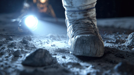 An astronaut's boot rests on a grey, rocky surface illuminated by a bright light. The image shows a close-up of a textured boot, with a lunar landscape in soft focus. It evokes a sense of exploration and discovery, suitable for various editorial and commercial projects.の素材