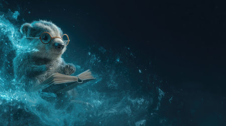 A charming illustration depicts a badger engrossed in reading, wearing spectacles and surrounded by a brilliant, ethereal blue aura. The artwork showcases soft textures and a detailed composition against a dark backdrop. Suitable for editorial and commercial projects needing a touch of fantasy and character-driven imagery.の素材