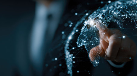 A close-up view shows a businessman touching a glowing digital globe, with connected lines representing a network. The image is primarily dark with a focus on light emanating from the globe. It suggests the concept of global connectivity and could be suitable for commercial and business applications.の素材