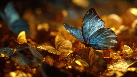 A striking close-up showcases a blue butterfly amidst a blurred background of warm tones. The image highlights delicate wings and textures. Soft lighting creates depth and dimension. This artistic composition can be used in projects related to nature, design, or decorative art.の素材