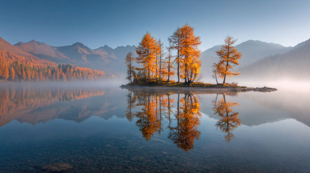 A scenic landscape showcases a small island with vibrant autumn trees reflected in calm water. The composition features soft lighting, enhancing the colors and textures of the trees and water. Mountains are visible in the background, creating a serene environment, suitable for various editorial and commercial applications.の素材