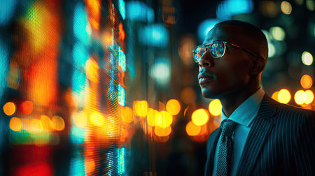 A man in a suit wearing glasses is the central subject, gazing at a glowing data stream. The image features vibrant colors with bokeh effect. The lighting suggests an urban night setting, possibly involving business or technology. This image could be used for various commercial or editorial purposes.の素材