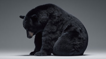 A black bear is the main subject, depicted in a studio setting. The animal is sitting, its dark fur contrasting with a neutral backdrop. The image utilizes soft lighting, emphasizing the texture of the fur. It's suitable for various commercial uses, including advertising and editorial content, conveying a sense of wildlife.の素材