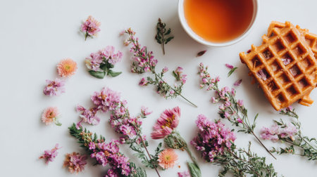 A top-down shot presents a breakfast arrangement featuring a cup of tea, a waffle, and delicate flowers. The composition showcases a soft, bright palette with subtle textures. The scene suggests a relaxed atmosphere, potentially suitable for culinary blogs, lifestyle articles, or decorative purposes.の素材