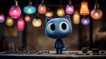A cartoon cat stands prominently in this image, its blue form contrasting against a blurred background of colorful lanterns. The composition is likely set indoors, with soft lighting illuminating the cat's features. This image could be suitable for various commercial or editorial applications such as children's content.の素材