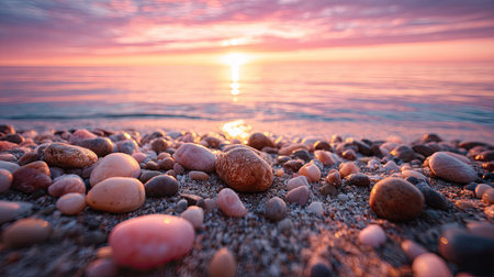 A close-up view presents various rounded stones on a shoreline, leading to a calm water body. The composition showcases a vibrant sunset, with warm colors illuminating the sky and reflecting on the water. Suitable for illustrating travel, nature, or environmental themes, the image may serve diverse editorial and commercial purposes.の素材