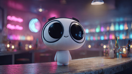 A cartoon character with big black eyes and a white body is positioned near a bar. The scene is illuminated by neon lights of various colors creating a vibrant background. This image shows a creative design with potential applications in advertising and digital content.の素材