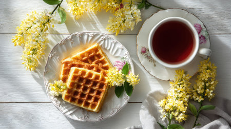 A top-down composition presents a breakfast arrangement featuring waffles, a cup of tea, and floral accents. The waffles are golden brown, placed on a decorative plate next to a cup of tea. Soft sunlight illuminates the scene, casting gentle shadows across the wooden surface. The image could be used for culinary, lifestyle, or decorative purposes.の素材