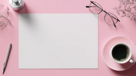 An overhead shot reveals a blank paper sheet on a pink surface accompanied by a cup of coffee, spectacles, and a pen. The composition, lit by natural lighting, suggests a modern work environment. This image is suitable for promotional materials, website design, and various editorial content.の素材