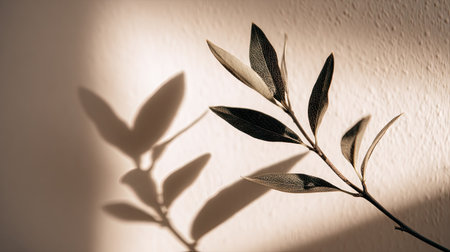 A close-up captures a branch with leaves casting a detailed shadow on a wall. The composition displays a minimalist aesthetic with neutral colors, and natural lighting. This visual can be suitable for various applications, including editorial content and design projects.の素材