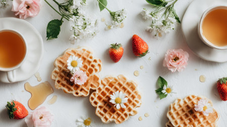 A close-up shot showcases a breakfast setting featuring waffles, strawberries, and tea cups. The composition uses overhead lighting. Soft colors and a shallow depth of field creates a sense of elegance. This image would be suitable for commercial use or editorial projects related to food and lifestyle.の素材