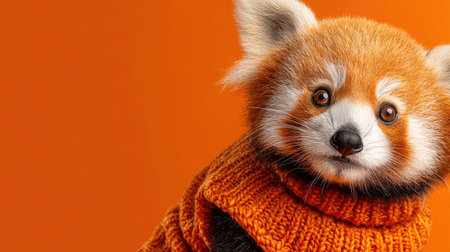 A close-up studio shot features a red panda wearing an orange sweater against a vibrant orange backdrop. The image showcases the animal's distinctive reddish-brown fur, light-colored face, and dark eyes. The composition uses soft lighting with copy space, suitable for a range of commercial or editorial purposes.の素材