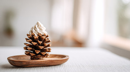 A close-up shot presents a pinecone adorned with white frosting, resting on a small wooden plate. The composition utilizes soft lighting, creating a shallow depth of field, and a blurred backdrop. The image likely serves various commercial purposes, including culinary themes or decorative concepts, offering copy space.の素材