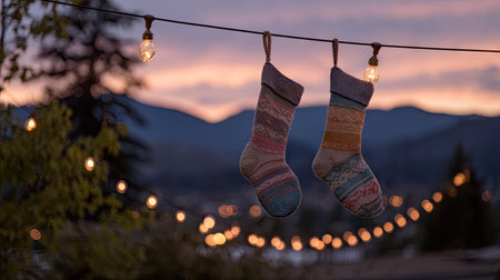 Two decorative Christmas stockings are suspended on a wire, illuminated by string lights. The image showcases a tranquil outdoor scene with a blurred background of mountains and a gradient sky. The overall aesthetic is warm and inviting, suitable for holiday-themed advertising or editorial content.の素材