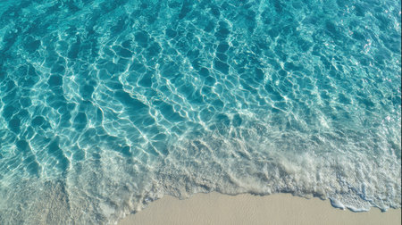 This image showcases clear turquoise water meeting a sandy shoreline. The scene displays intricate wave patterns and subtle variations in color, from deep blue to a light, transparent hue near the shore. The composition emphasizes the natural beauty of the water. Ideal for various commercial and editorial applications.の素材