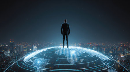 A silhouette of a businessman stands on a stylized world globe, facing away from the viewer. The image features a cool color palette with dark blues and teals, suggesting a night scene. The composition is a medium shot with strong backlighting. Ideal for illustrating themes related to business, strategy, and global markets.の素材