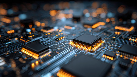 This image showcases a detailed view of a computer circuit board, featuring processors and other electronic components. The composition highlights intricate pathways and elements, with warm lighting emphasizing key areas. The style is modern, ideal for technology presentations, data analysis, or illustrating concepts related to computing and engineering.の素材