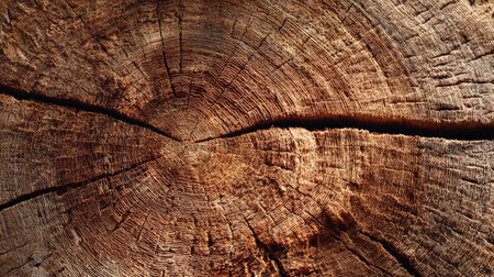 This close-up showcases a detailed view of aged wood, revealing intricate growth rings and deep cracks. The warm brown tones and textured surface create a natural, organic aesthetic. The image exhibits a natural light source and macro composition, potentially suitable for design, illustration, and educational applications.の素材