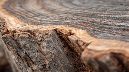 This image presents a close-up of a tree stump, emphasizing its textured wood grain. The warm color palette and detailed patterns create a sense of natural beauty. The composition highlights the weathered surface, suggesting an outdoor environment. Suitable for various design projects and editorial uses, it offers visual appeal.の素材
