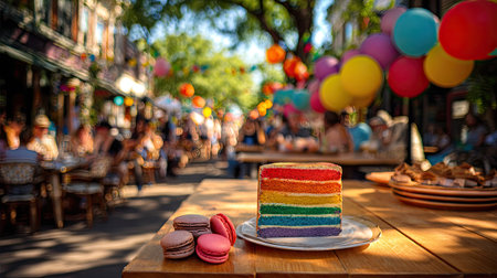A vibrant rainbow cake is the central focus, displayed on a wooden table. Pastel macarons sit nearby. The scene is set outdoors with a blurred background suggesting a street scene with people and colorful decorations. Ideal for use in projects related to celebration, food, or community events.の素材