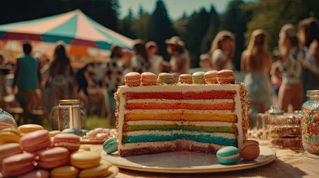 A vibrant layered cake, topped with macarons, is the focal point of this image, positioned on a plate. The cake displays a rainbow of colors with detailed texture. A party atmosphere, with a tent and people, is visible in the background suggesting outdoor celebration. Suitable for various commercial uses.の素材