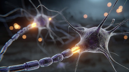 This image presents a detailed view of neuron cells with visible electrical impulses. The composition features a shallow depth of field, emphasizing the intricate structures. The overall aesthetic is enhanced by a dark background and selective lighting, suitable for various scientific or educational publications.の素材