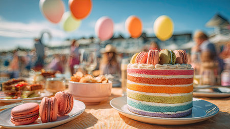 A vibrant image presents a decorated cake and macarons on a table. The scene includes balloons, suggesting a celebration. The composition features diverse colors and soft lighting, implying a daytime outdoor setting. Suitable for various editorial and commercial applications, it depicts a festive atmosphere.の素材