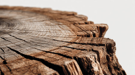 This image presents a detailed view of a tree stump, emphasizing its rugged texture and intricate growth rings. The warm brown tones and visible cracks suggest age and weathering. The composition highlights the organic form, suitable for various uses, including design and educational materials, demonstrating natural forms.の素材