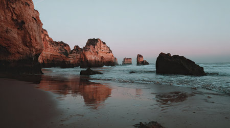 The image captures a coastal scene with large rock formations and the ocean. Warm tones dominate the view, including hues of orange and brown on the rocks. The composition features a natural lighting and creates a serene environment, possibly used in editorial and commercial projects.の素材