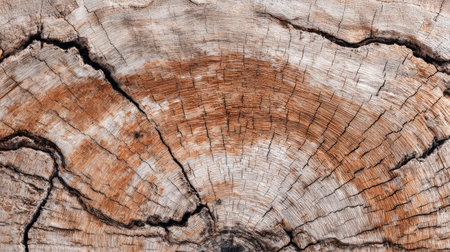 This image showcases a close-up view of a tree trunk's textured surface. The visual composition features concentric rings, intricate cracks, and varied shades of brown and gray. The texture suggests a natural, outdoor environment. It is suitable for diverse commercial applications and could be used for backgrounds or design elements.の素材
