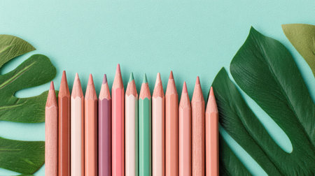 A close-up captures a collection of colorful pencils with pointed tips. The pencils are displayed on a light blue backdrop, enhanced by lush green tropical leaves. The composition is well-lit, offering a clean and organized visual, suitable for various editorial and commercial applications.の素材